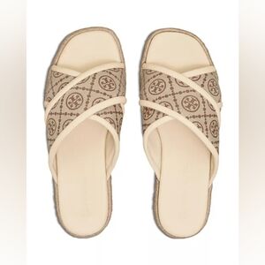 Tory Burch T Monogram Crisscross Espadrille Slide Sandal in New Cream